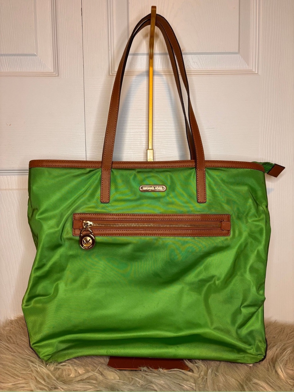 MICHAEL Michael Kors Bright Green Nylon Tote with Brown Leather Trim